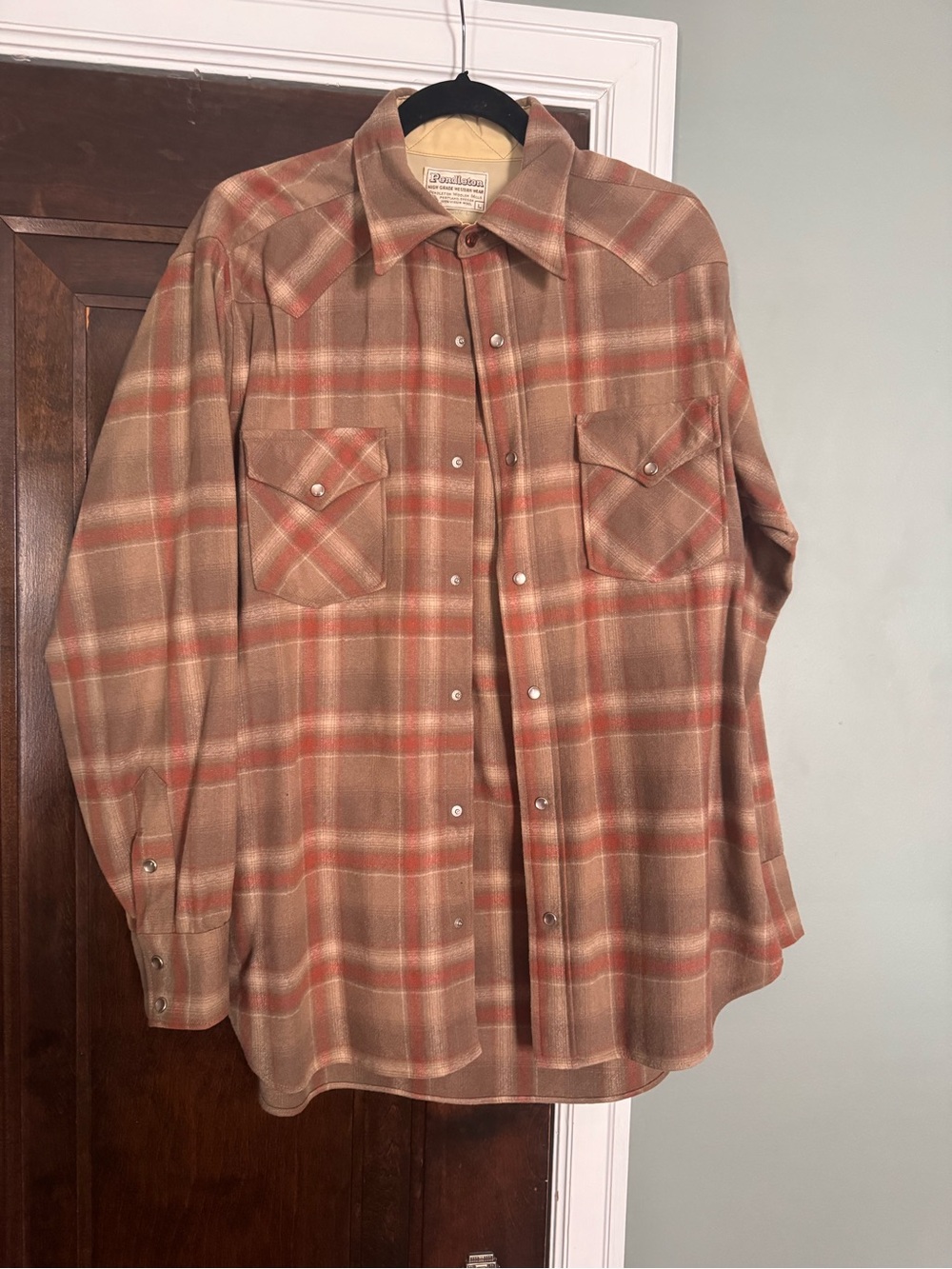 Vintage Pendleton Snap-Front Men’s Shirt Jacket - Tan & Rust - 100% Virgin Wool
